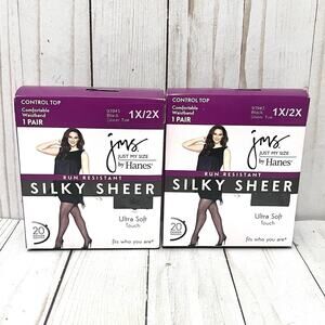 Just My Size Hanes Silky Sheer Run Resistant Control Top Pantyhose 1X/2X (2) Blk
